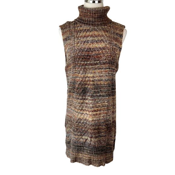 Vintage Y2K Wool Turtleneck Sleeveless Mini Sweater Dress Striped Brown - Picture 1 of 10